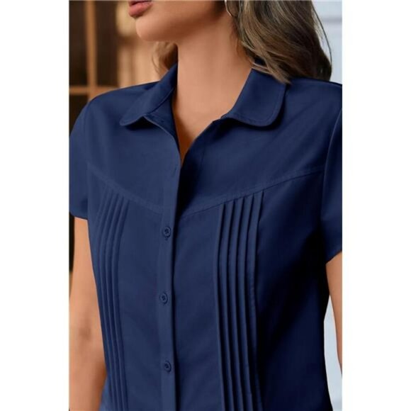 Womens Short Sleeve Button Down Blouse Slim Fit White Collared Work Shirt - Picture 4 of 7